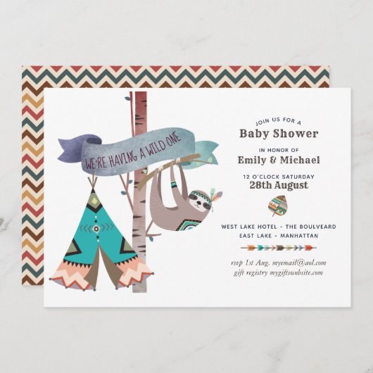 Wild One Baby Shower Tribal Sloth TeePee Einladung (Vorne/Hinten)