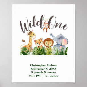 Wild One Baby-Tiere Dschungel-Safari-Geburtsstatis Poster