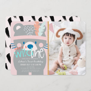 Wild One Bären Feather Girl Pink Foto 1. Geburtsta Einladung