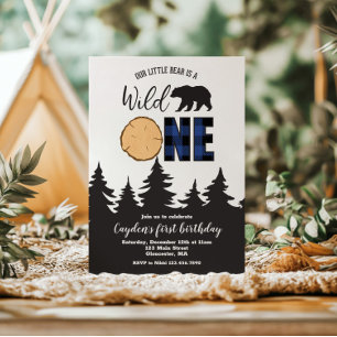 Wild One Bear Blue Buffalo Kariert erster Geburtst Einladung