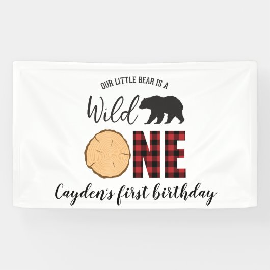 Wild One Bear Buffalo Kariert erster Geburtstag Banner (Horizontal)