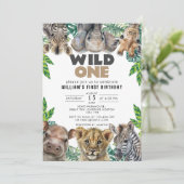 Wild One Birthday Boy Safari Animals Einladung (Stehend Vorderseite)