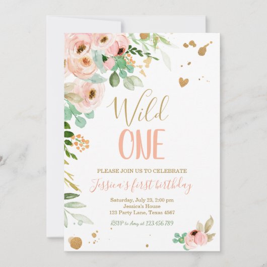 Wild One Birthday Einladung 1. Floral Pink Gold (Vorderseite)