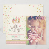 Wild one Birthday Girl Pink Gold 1st Boho Feathers Einladung (Vorne/Hinten)