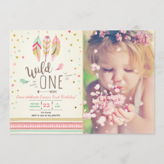 Wild one Birthday Girl Pink Gold 1st Boho Feathers Einladung