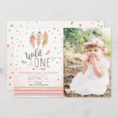 Wild one Birthday Girl Pink Gold 1st Boho Feathers Einladung (Vorne/Hinten)