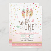 Wild one Birthday Girl Pink Gold 1st Boho Feathers Einladung (Vorne/Hinten)