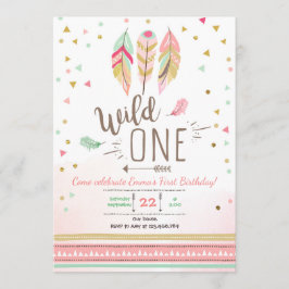 Wild one Birthday Girl Pink Gold 1st Boho Feathers Einladung