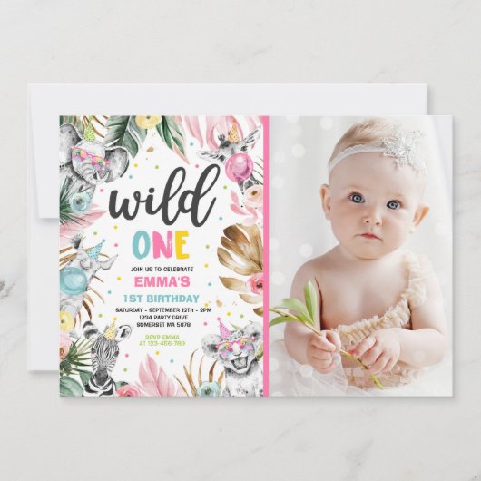 Wild One Birthday Gold Safari Jungle Animals Party Einladung (Vorderseite)