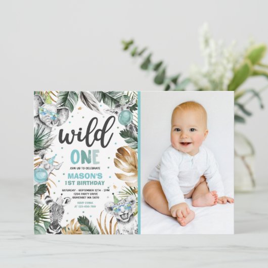 Wild One Birthday Gold Safari Jungle Animals Party Einladung (Stehend Vorderseite)