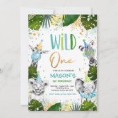 Wild One Birthday Gold Safari Jungle Animals Party Einladung (Vorderseite)