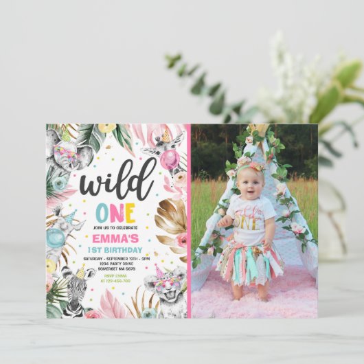 Wild One Birthday Gold Safari Jungle Animals Party Einladung (Stehend Vorderseite)