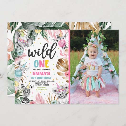 Wild One Birthday Gold Safari Jungle Animals Party Einladung (Vorne/Hinten)
