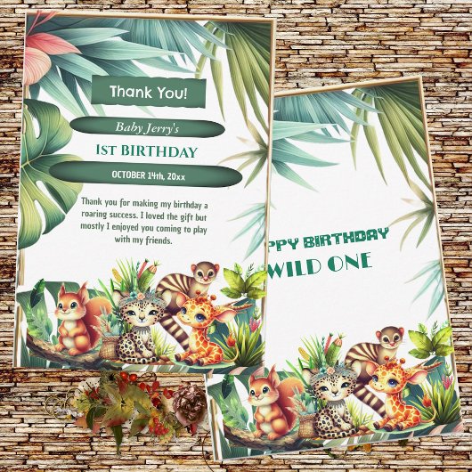 Wild One Birthday Jungle Safari Tropische Vegetati Dankeskarte