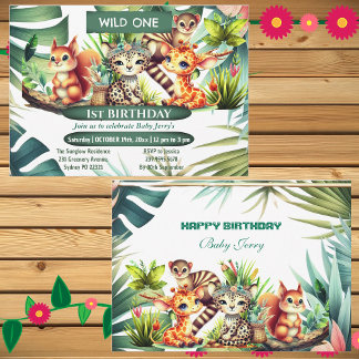 Wild One Birthday Jungle Safari Tropische Vegetati Einladung