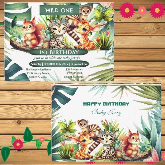 Wild One Birthday Jungle Safari Tropische Vegetati Einladung