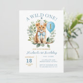 Wild One Birthday Lion Boy Birthday Floral Bow Kra Einladung (Stehend Vorderseite)