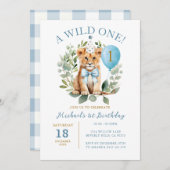 Wild One Birthday Lion Boy Birthday Floral Bow Kra Einladung (Vorne/Hinten)