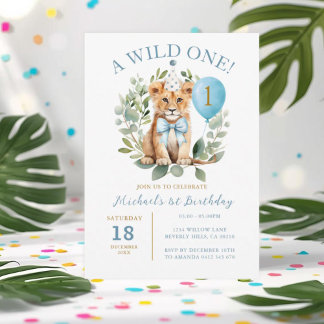 Wild One Birthday Lion Boy Birthday Floral Bow Kra Einladung