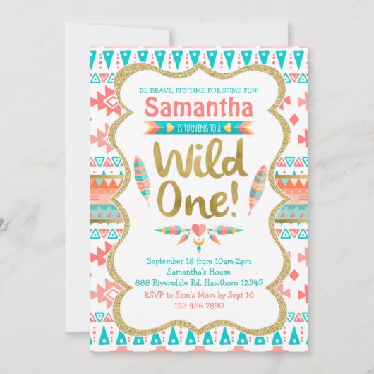 Wild One Birthday, Mädchen 1. Geburtstag, Stamm Einladung (Vorderseite)