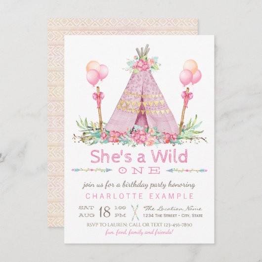 Wild One Birthday Party Pink Teepee Erster Geburts Einladung (Vorne/Hinten)