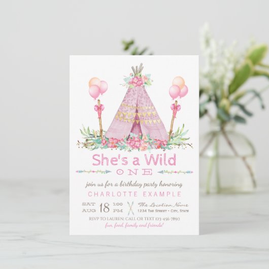 Wild One Birthday Party Pink Teepee Erster Geburts Einladung (Stehend Vorderseite)