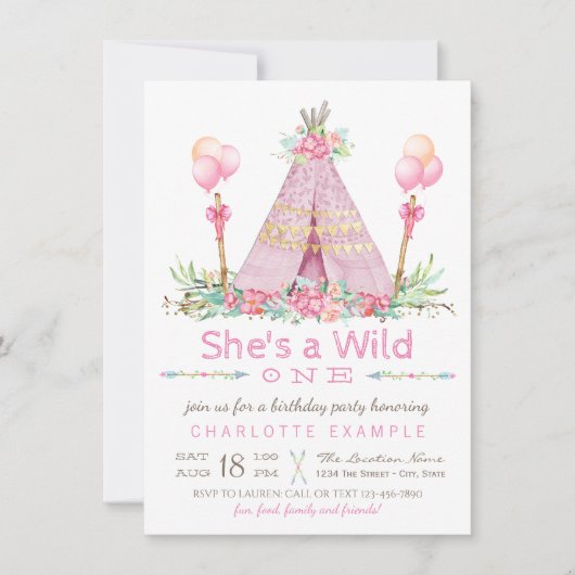 Wild One Birthday Party Pink Teepee Erster Geburts Einladung (Vorderseite)