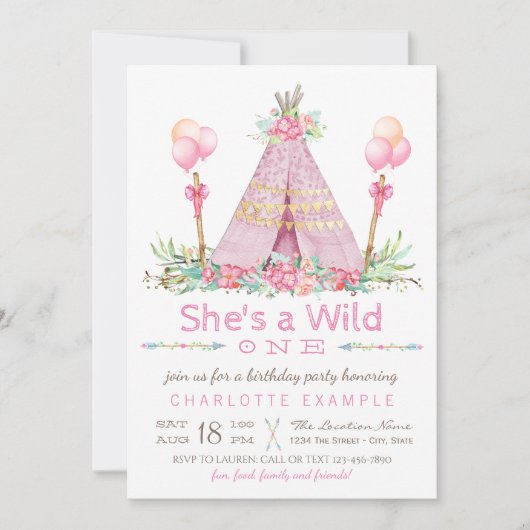 Wild One Birthday Party Pink Teepee Erster Geburts Einladung (Vorderseite)