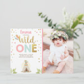 Wild One Birthday Teepee Boho Tribal Pink Girl Einladung (Stehend Vorderseite)