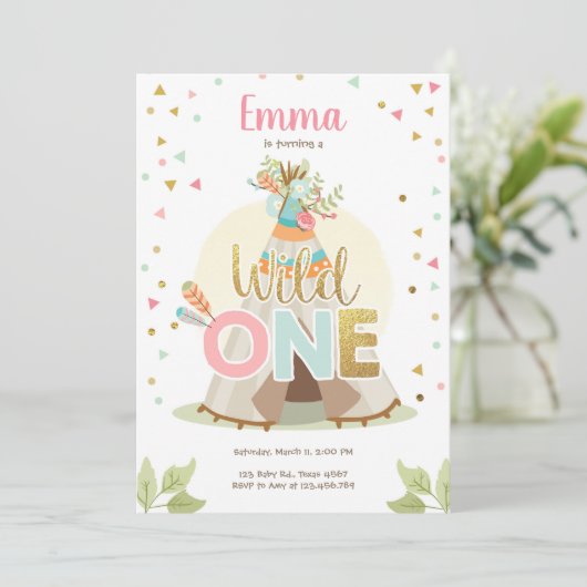Wild One Birthday Teepee Boho Tribal Pink Girl Einladung (Stehend Vorderseite)