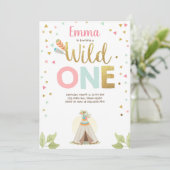 Wild One Birthday Teepee Boho Tribal Pink Girl Einladung (Stehend Vorderseite)