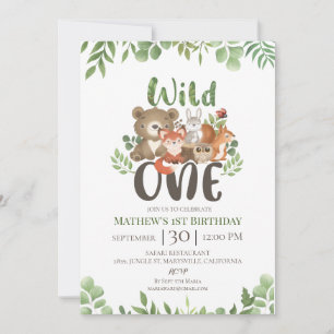 Wild One Birthday Woodland Tiere Grüne Invita Einladung