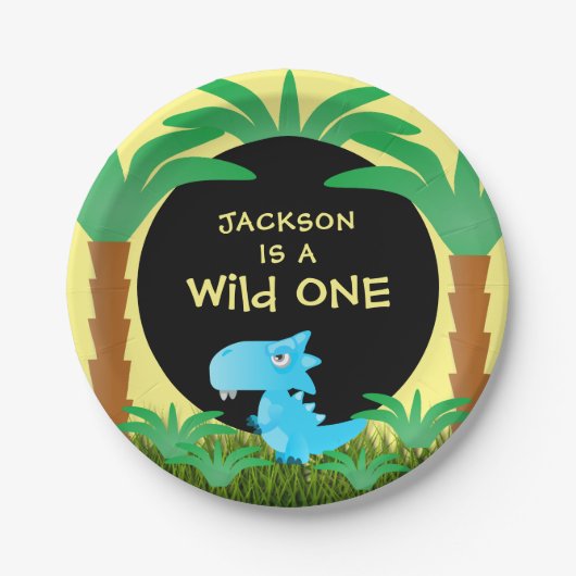 Wild ONE Blue Dinosaur Boy 1. Geburtstag Pappteller (Vorderseite)
