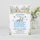 Wild One Blue Gingham Safari 1. Geburtstag Einladung (Stehend Vorderseite)