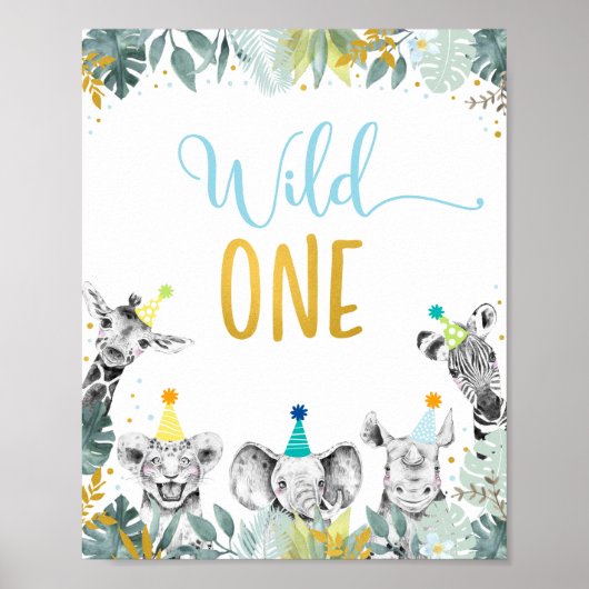 Wild One Blue Gold Party Animal Birthday Sign Poster (Vorne)