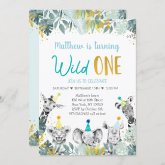 Wild One Blue Gold Party Animal zum Geburtstag Einladung