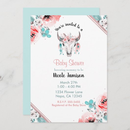 WILD ONE Boho Chic Floral Baby Shower Einladung (Vorne/Hinten)