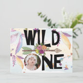 Wild One Boho Foto Girls First Birthday Einladung (Stehend Vorderseite)