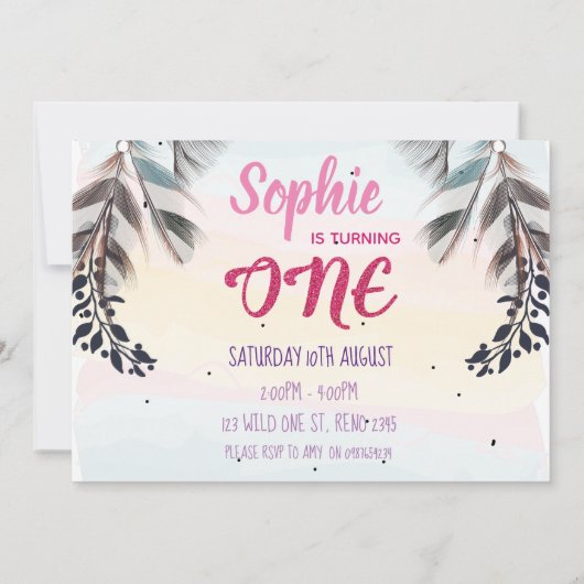 Wild One Boho Foto Girls First Birthday Einladung (Rückseite)