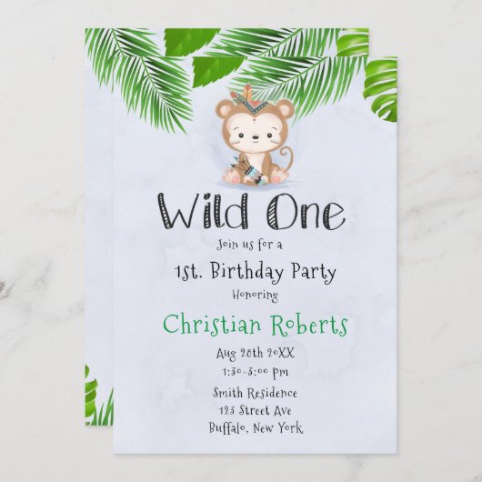 Wild One Boho Monkey Geburtstagsparty Einladung (Vorne/Hinten)