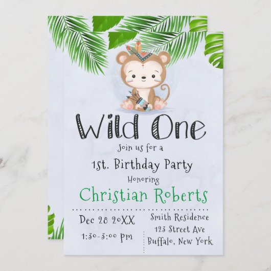 Wild One Boho Monkey Geburtstagsparty Einladung (Vorne/Hinten)