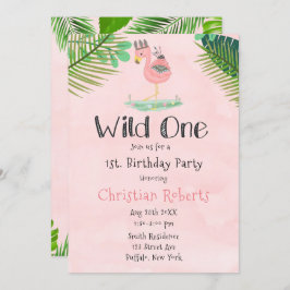 Wild One Boho Pink Flamingo 1. Geburtstag Party Einladung