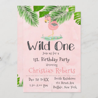 Wild One Boho Pink Flamingo Geburtstagsparty Einladung
