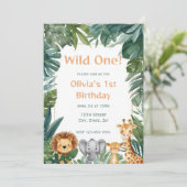 Wild One Boho Safari Jungle Animals 1st Birthday Einladung (Stehend Vorderseite)