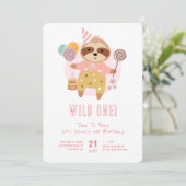 Wild One Boho Sloth Pink 1. Geburtstag Einladung (Stehend Vorderseite)