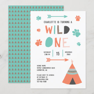 Wild One Boho Tribal Girls Birthday Orange Aquamar Einladung