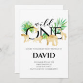 WILD ONE Boy 1. Geburtstag Gold Foil Animals Jungl Einladung (Vorne/Hinten)