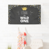 Wild One Boy Birthday Banner Black Gold Crown (Insitu)