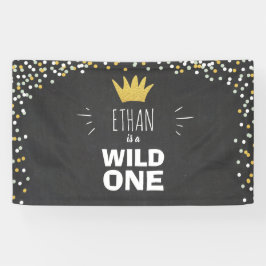 Wild One Boy Birthday Banner Black Gold Crown