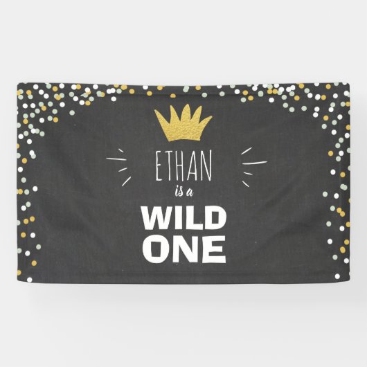 Wild One Boy Birthday Banner Black Gold Crown (Horizontal)
